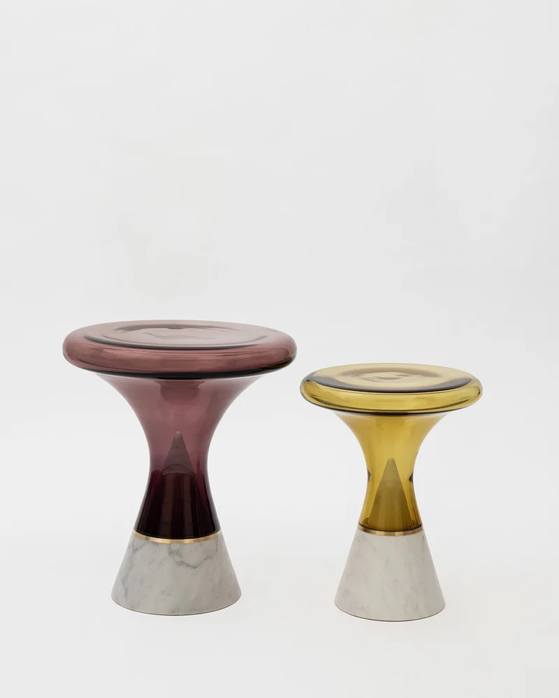 Join Side Table - Olivin Glass, Brushed Brass, Carrara Marble