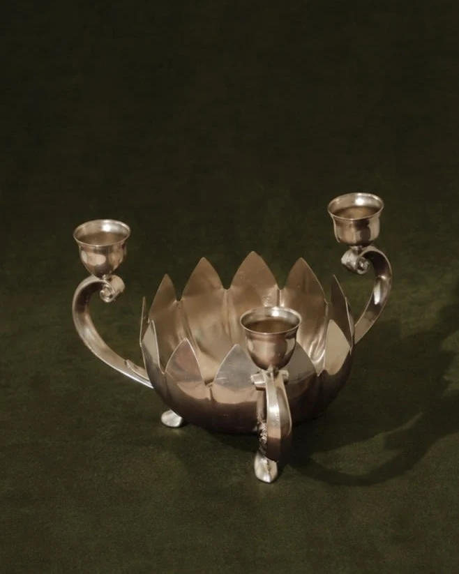 Vintage Silver-Plated Lotus Flower Three-Branch Candle Holder