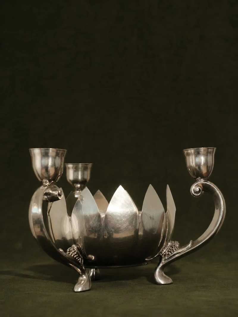 Vintage Silver-Plated Lotus Flower Three-Branch Candle Holder