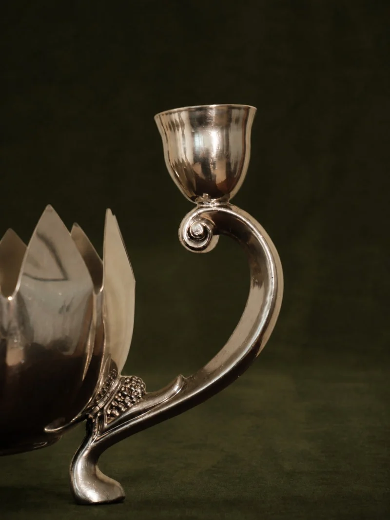 Vintage Silver-Plated Lotus Flower Three-Branch Candle Holder