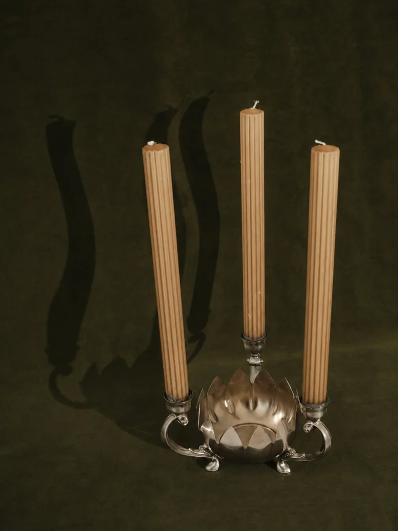 Vintage Silver-Plated Lotus Flower Three-Branch Candle Holder