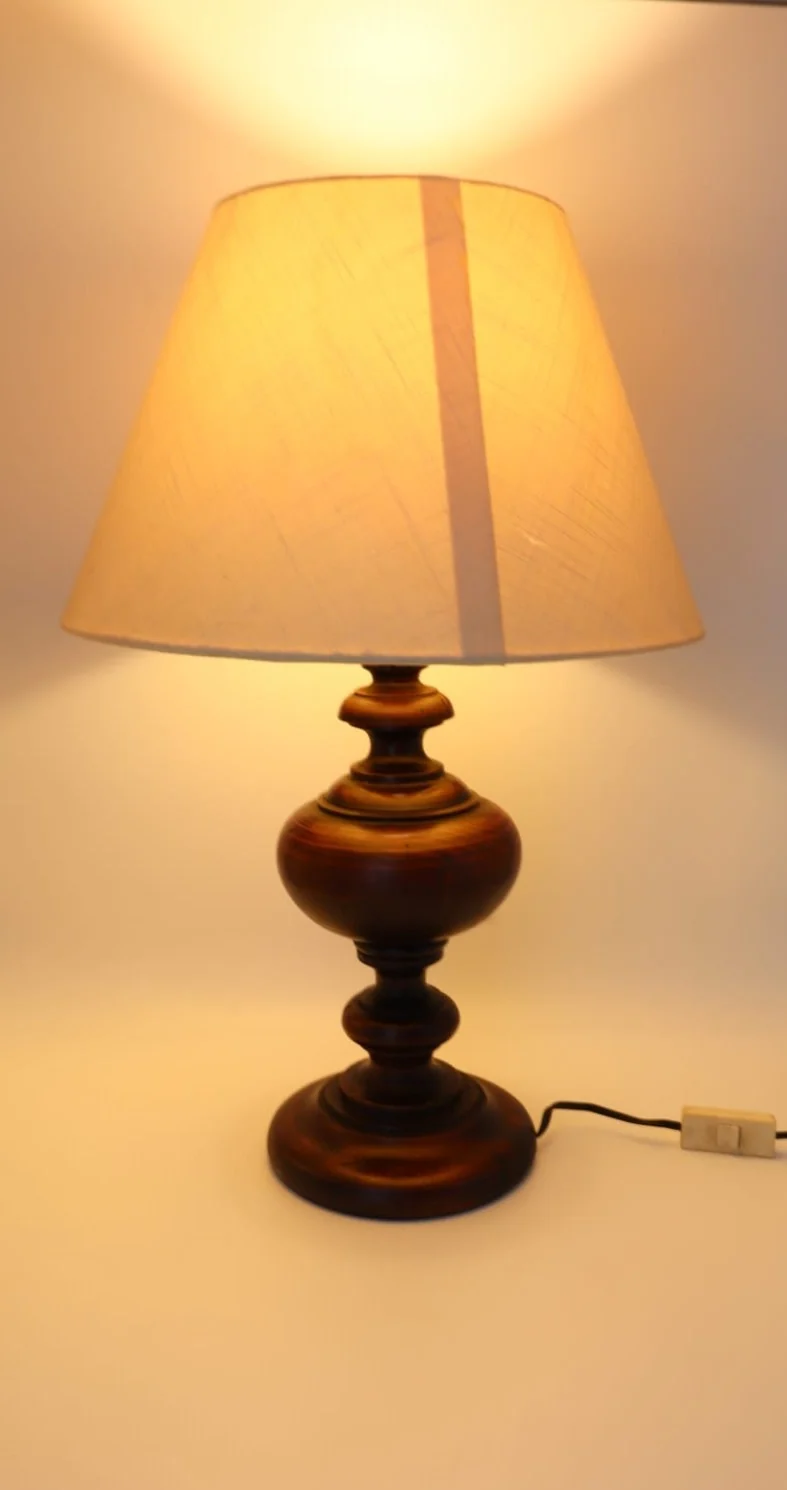 Vintage Mid-Century Turned Wood Table Lamp – Netherlands, ca. 1950–1960