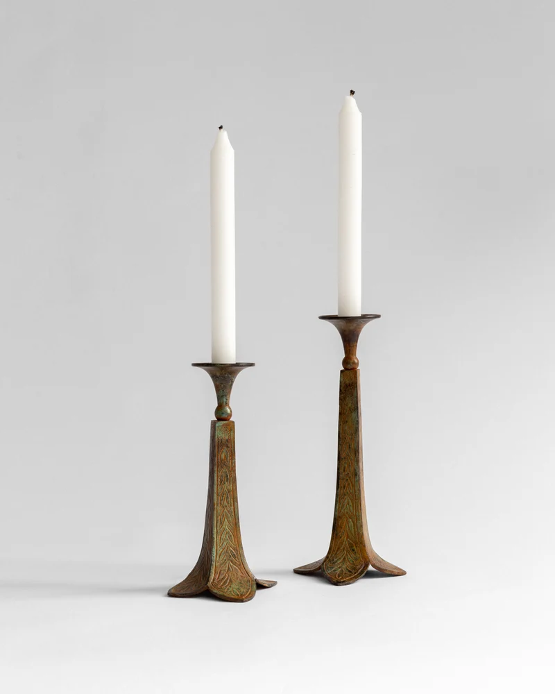 Pair of Sculptural Bronze Candlesticks/Vases with Patina