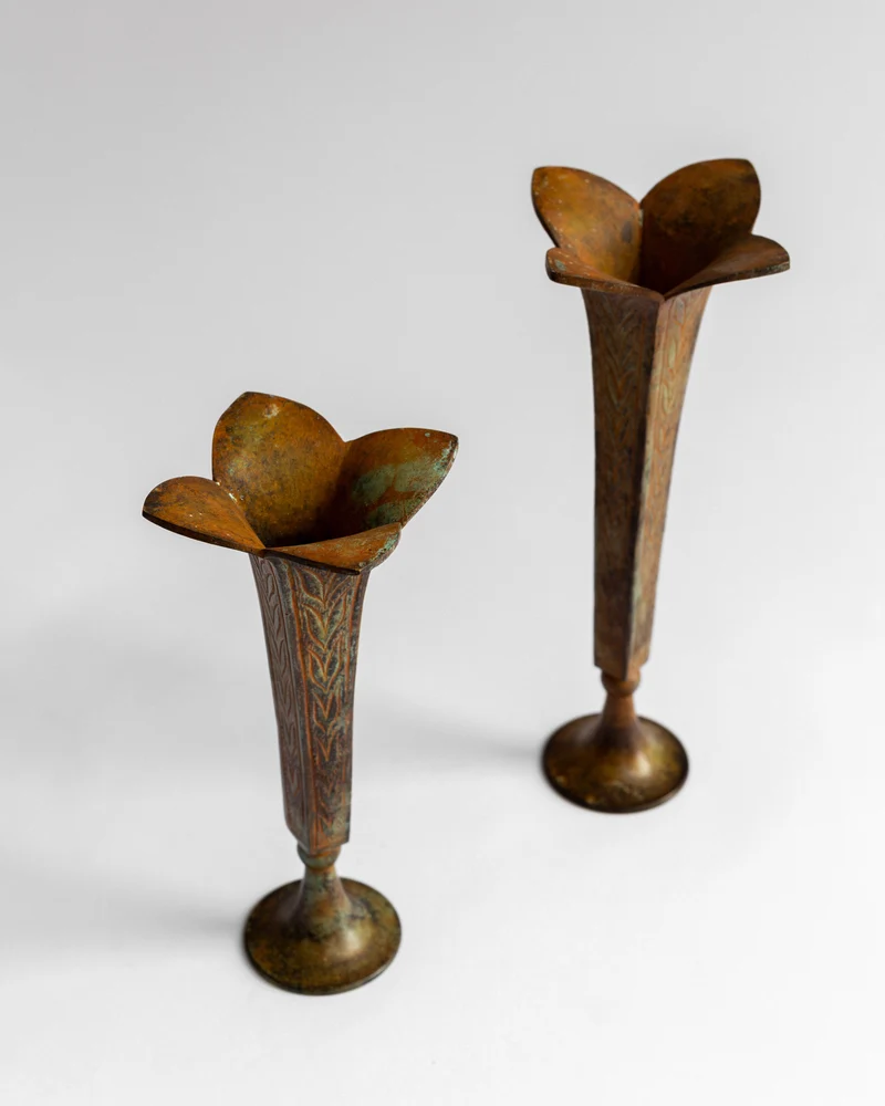 Pair of Sculptural Bronze Candlesticks/Vases with Patina