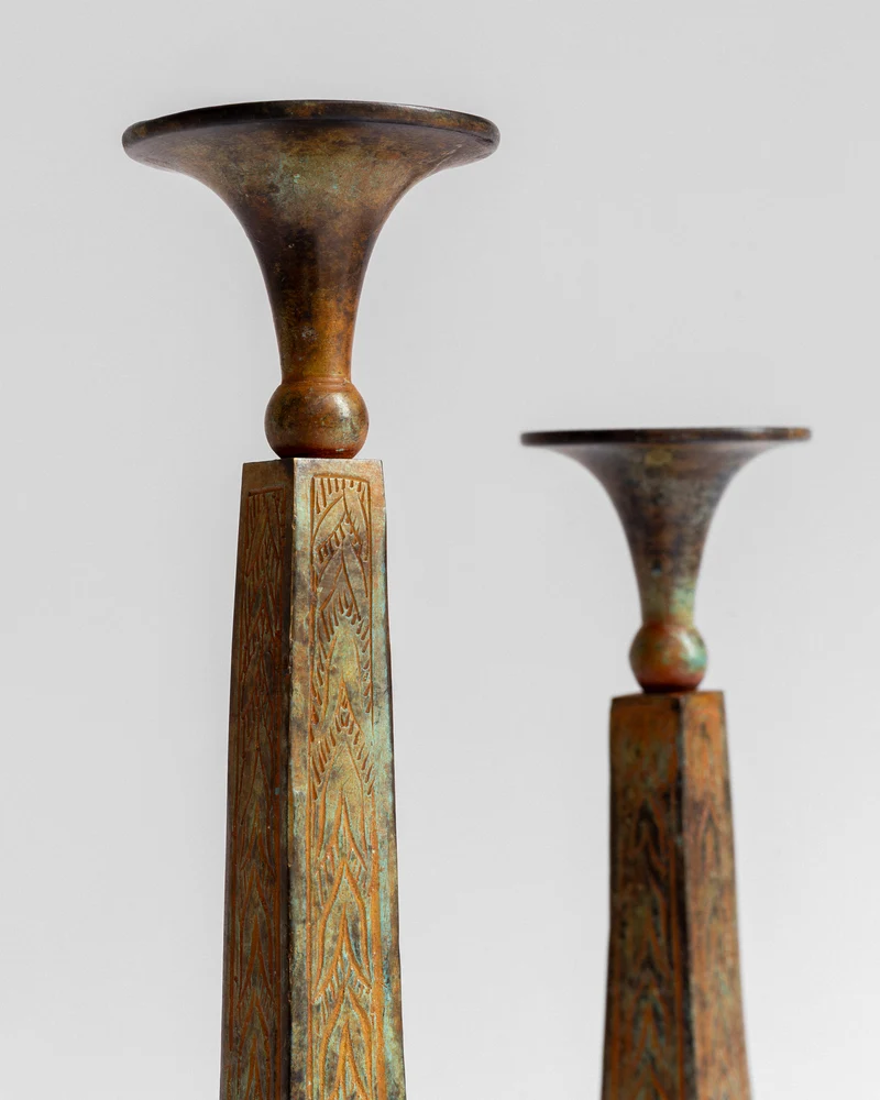 Pair of Sculptural Bronze Candlesticks/Vases with Patina
