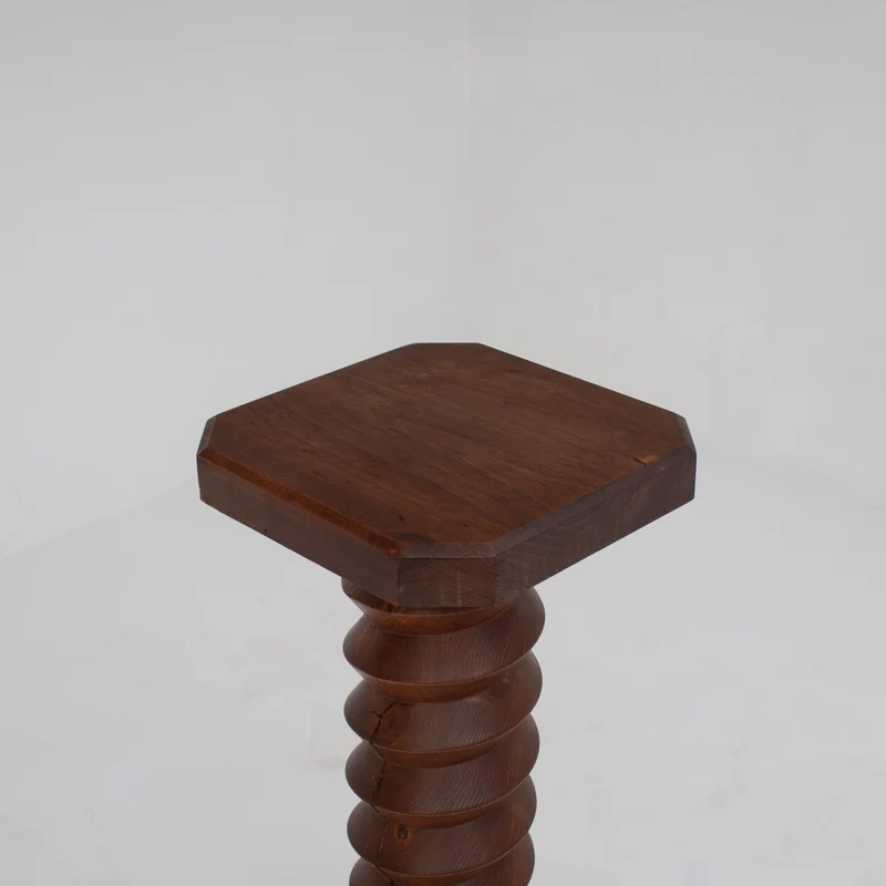 Sculptural Wooden Pillar in Solid Elm with Twisted Geometric Carving