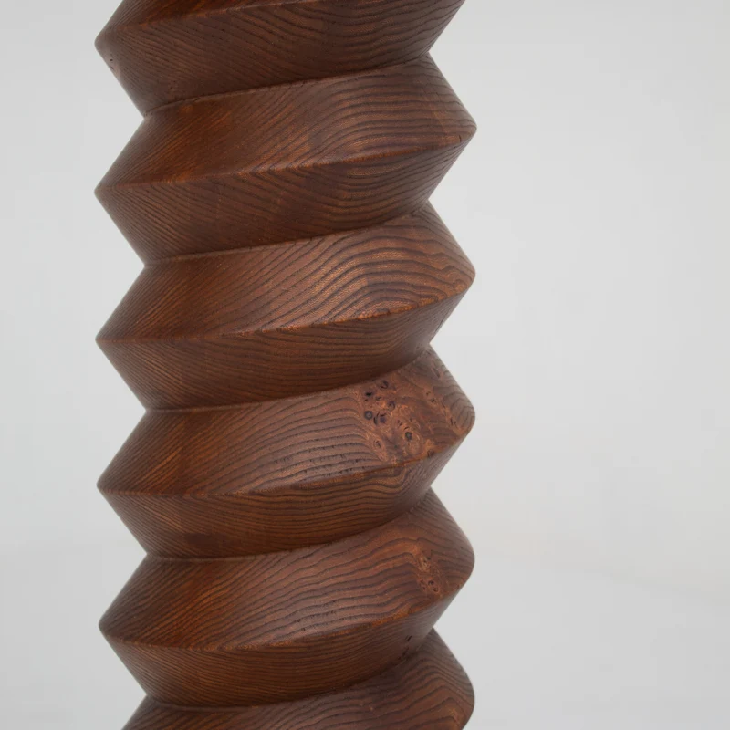 Sculptural Wooden Pillar in Solid Elm with Twisted Geometric Carving