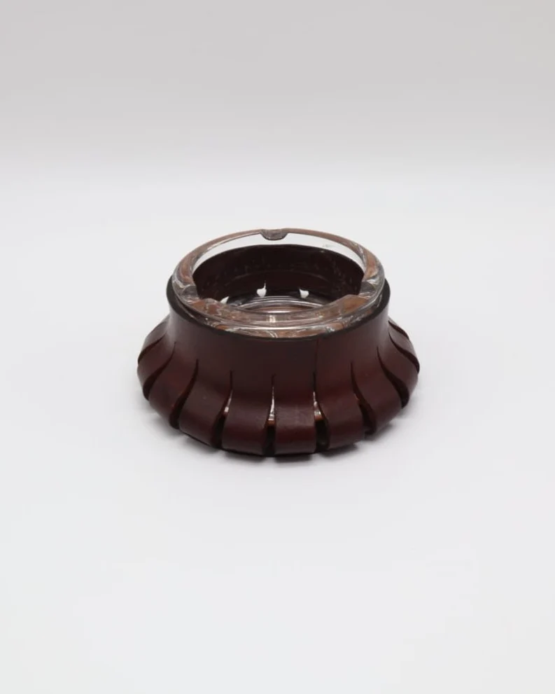 Mid-Century Sinuous Leather & Crystal Glass Ashtray – Italy, 1950s