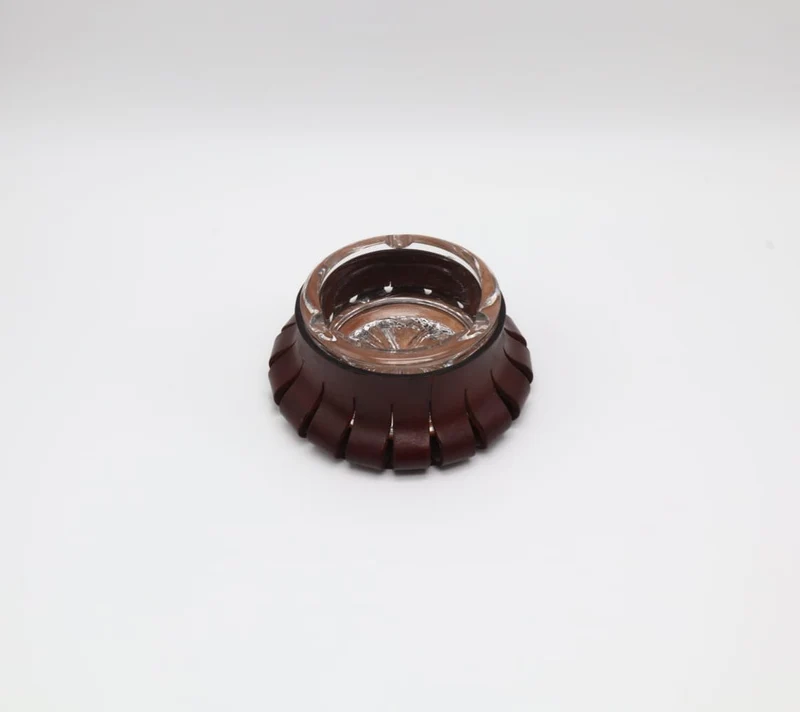 Mid-Century Sinuous Leather & Crystal Glass Ashtray – Italy, 1950s