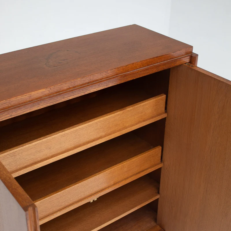 Mid-Century Oak Cabinet with Brass Handles and Decorative Inlays