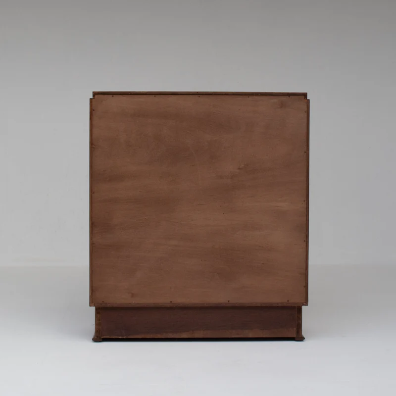 Mid-Century Oak Cabinet with Brass Handles and Decorative Inlays