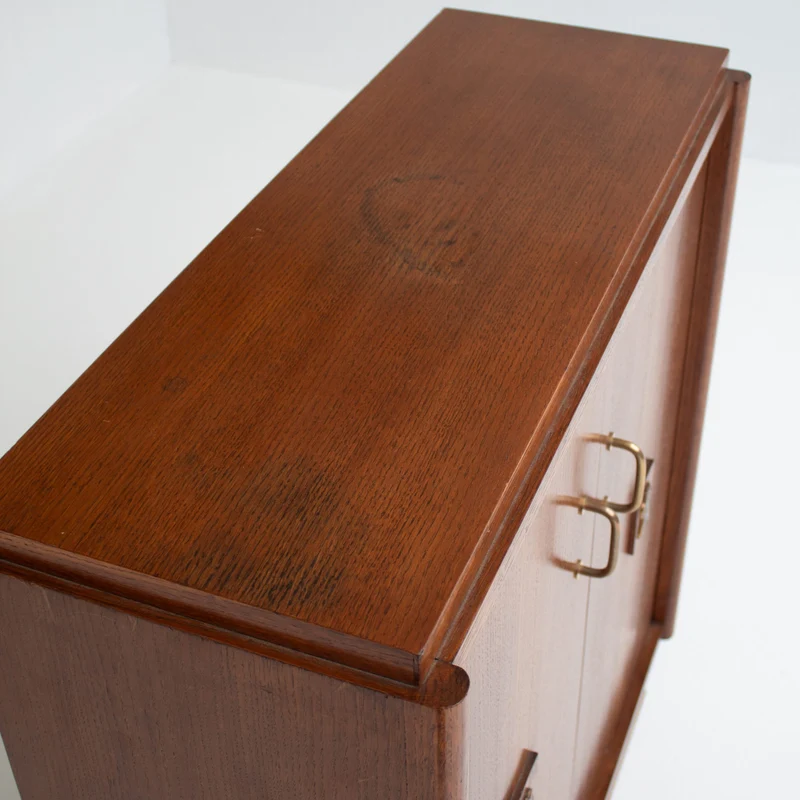 Mid-Century Oak Cabinet with Brass Handles and Decorative Inlays