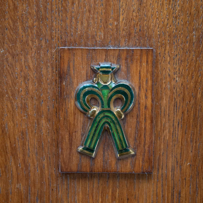 Mid-Century Oak Cabinet with Brass Handles and Decorative Inlays