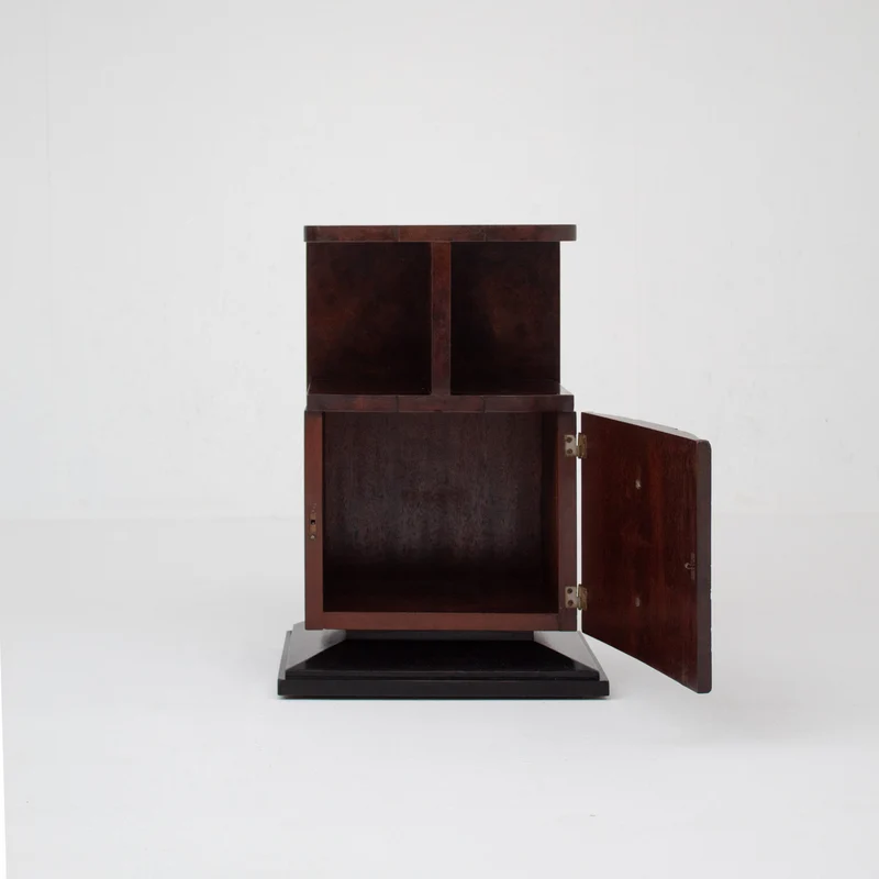 Art Deco Bedside Cabinet in Burr Walnut with Brass Hardware