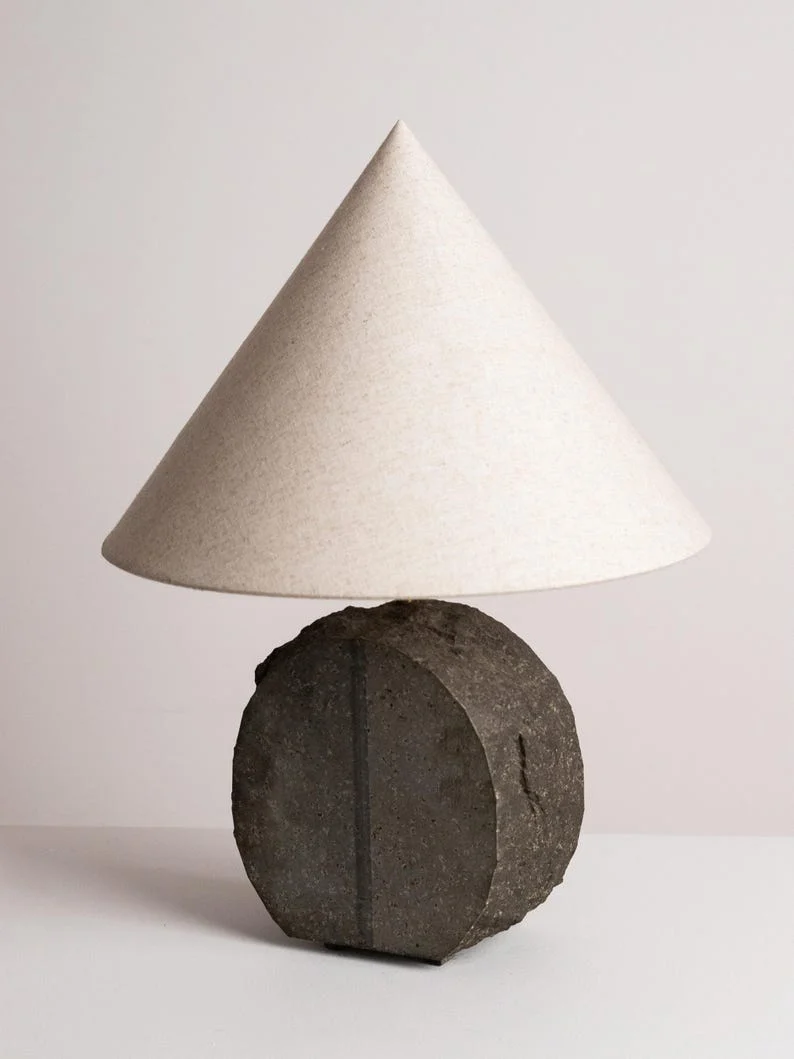 Vintage Brutalist Basalt Stone Table Lamp – 1970s Sculptural Granite Disc Light