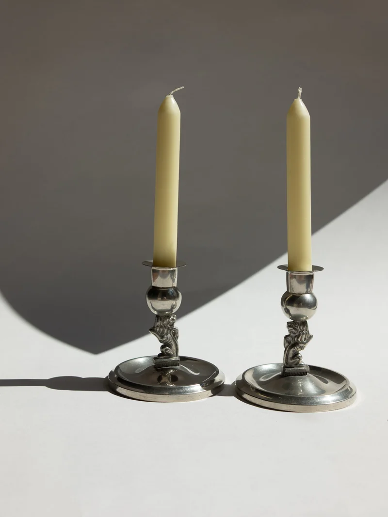 Pair of Swedish Grace Art Deco Pewter Lion Candlesticks by Eskilstuna Metallindustri, 1932