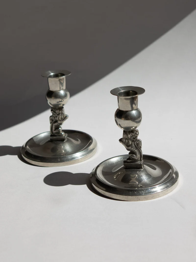 Pair of Swedish Grace Art Deco Pewter Lion Candlesticks by Eskilstuna Metallindustri, 1932