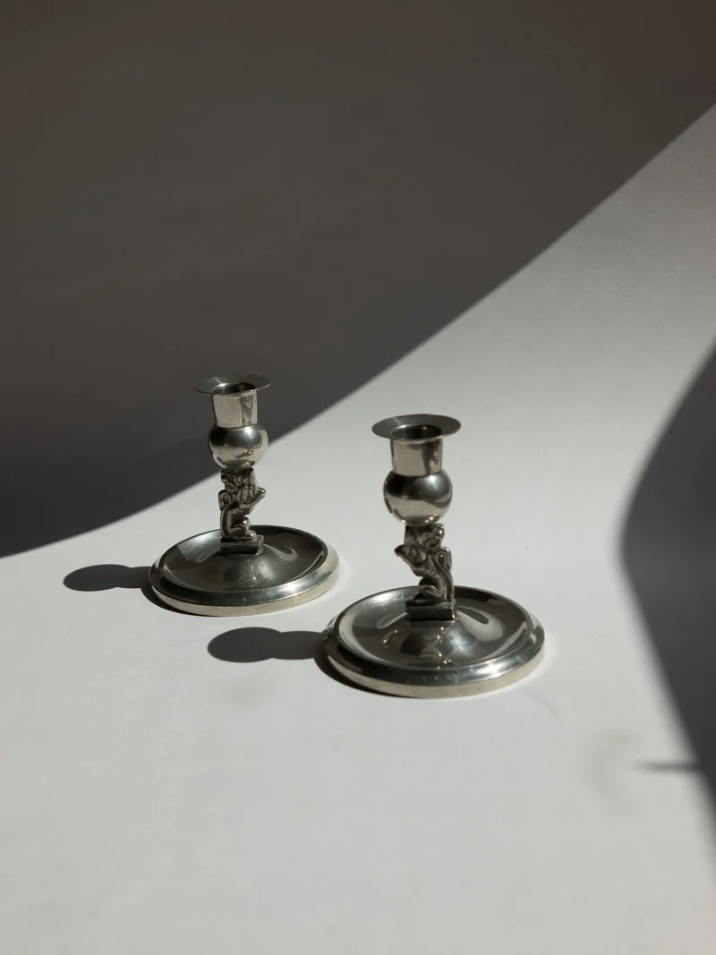 Pair of Swedish Grace Art Deco Pewter Lion Candlesticks by Eskilstuna Metallindustri, 1932