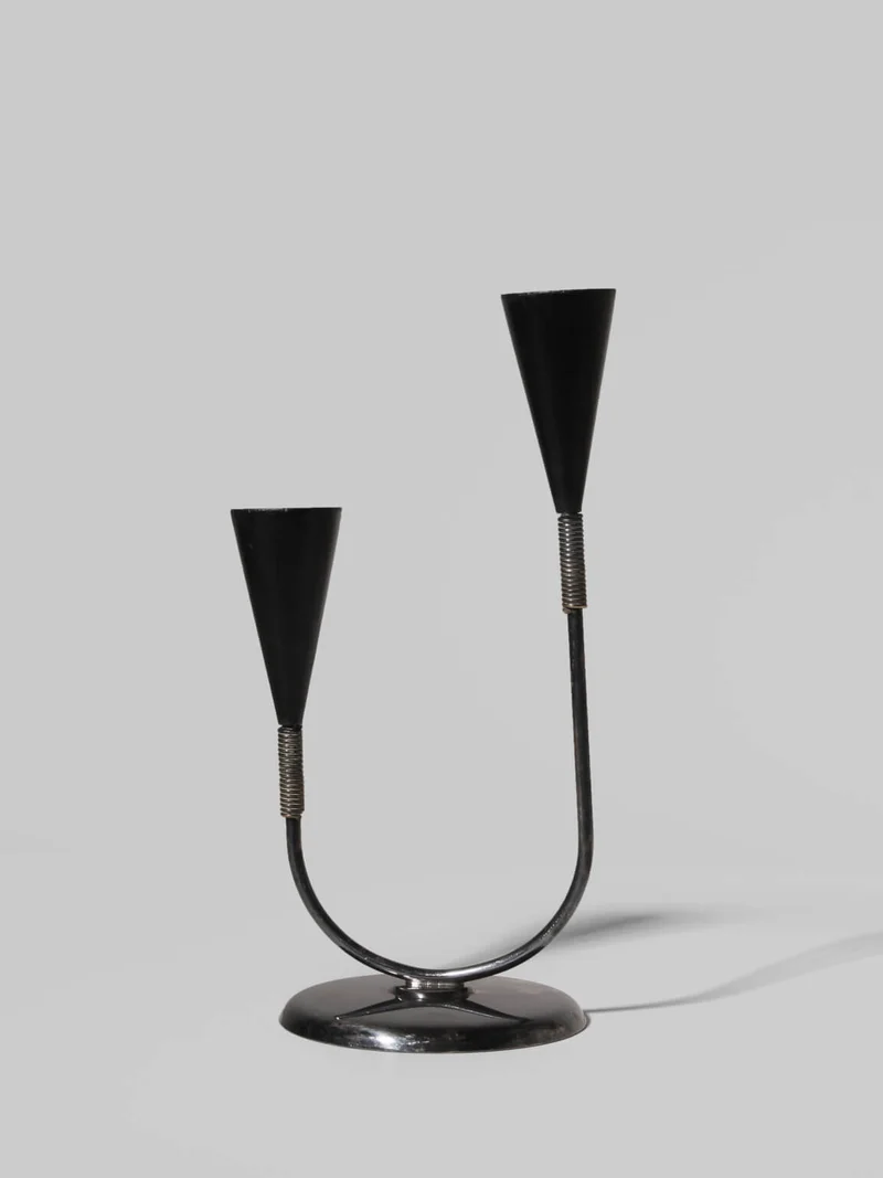 Mid-Century Silver Plated And Wood Candle Holder