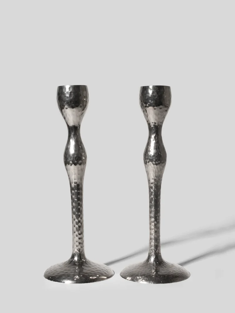 Pair of Tall Textured Mirror Metal Candleholders