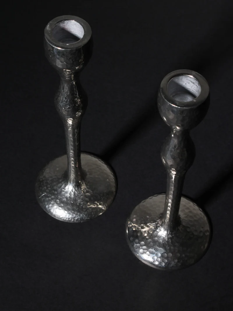 Pair of Tall Textured Mirror Metal Candleholders