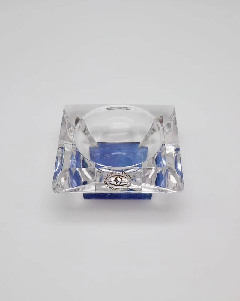 Glass Cube Ashtray - Clear Crystal with Blue Sommerso Core (c. 1970s)