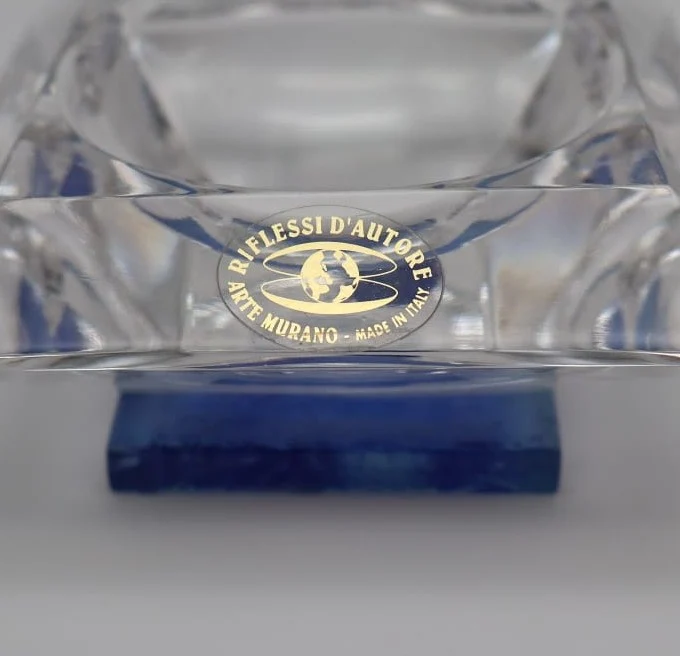 Glass Cube Ashtray - Clear Crystal with Blue Sommerso Core (c. 1970s)