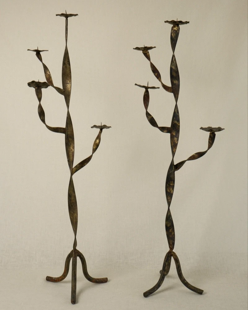 Pair of Gold-Patinated Iron Candleholders