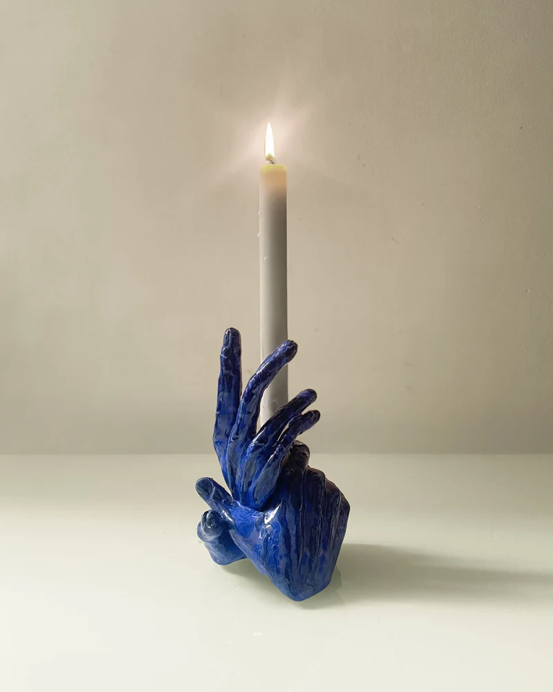Three-hands Blue Candleholder in Ceramic n°46