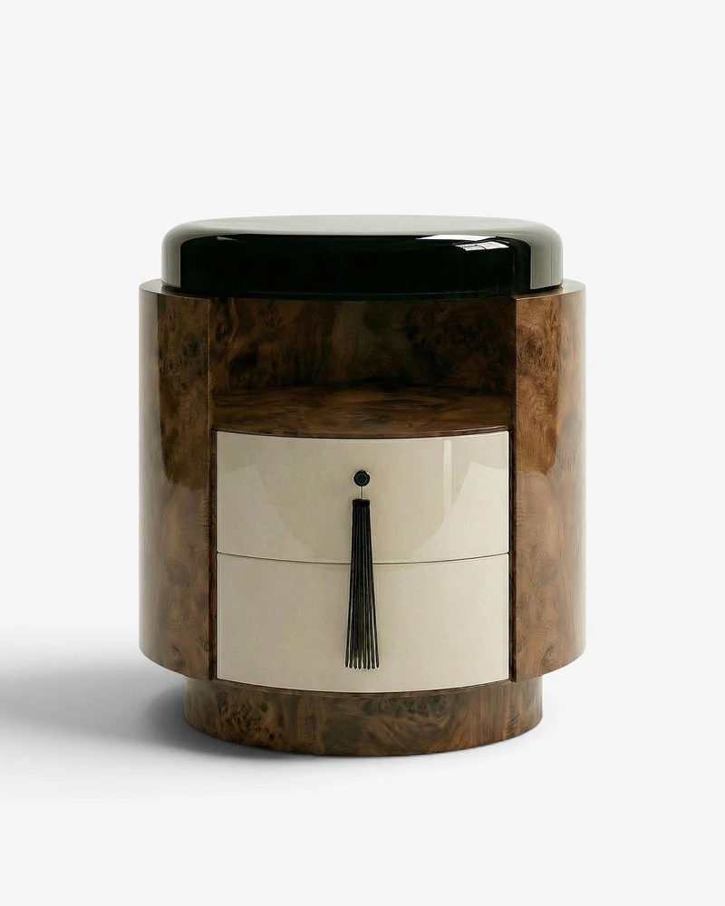 Pompon Dark Burl Wood Off-White And Black Nightstand