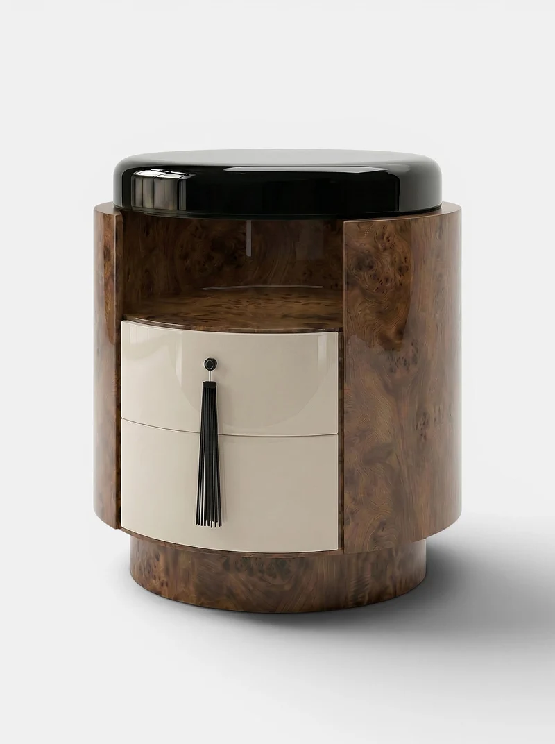 Pompon Dark Burl Wood Off-White And Black Nightstand