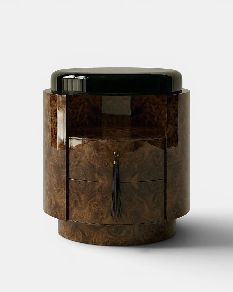 Pompon Dark Burl Wood And Black Nightstand