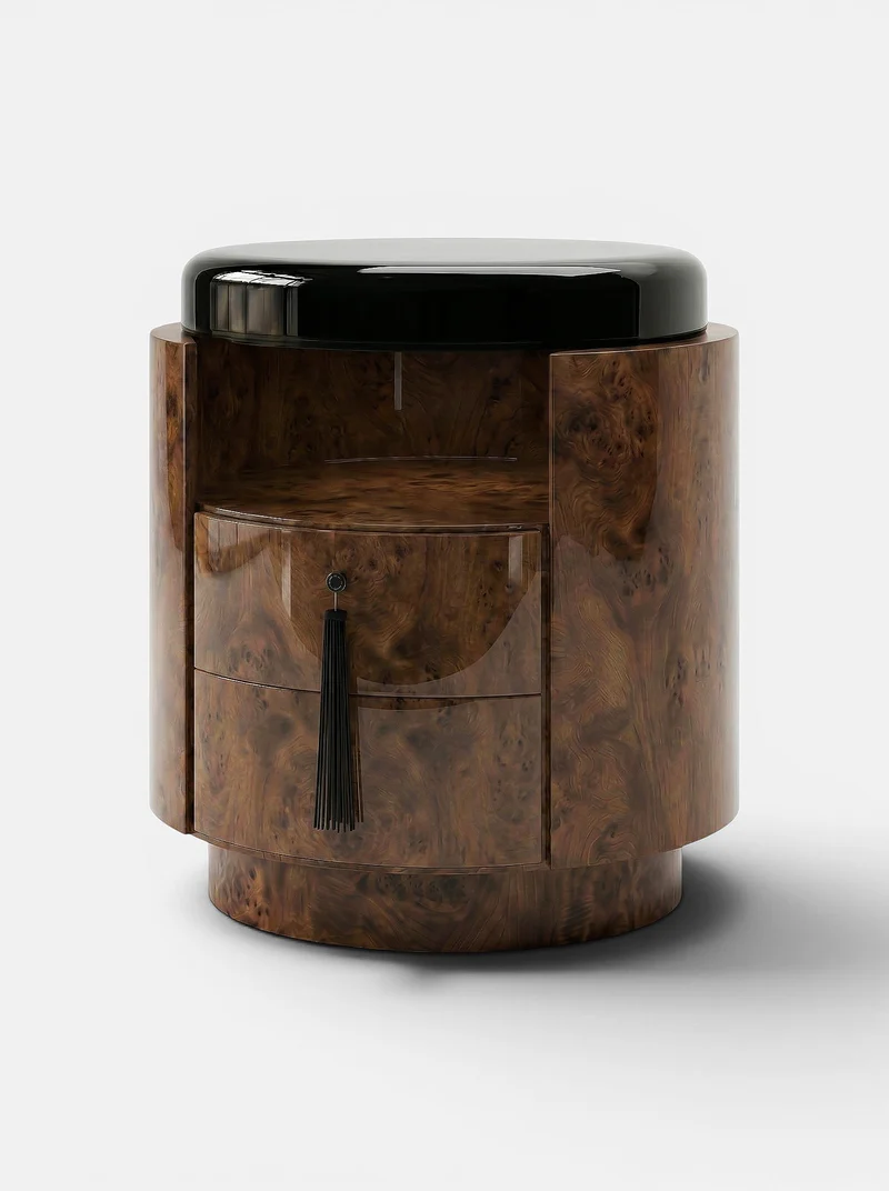 Pompon Dark Burl Wood And Black Nightstand