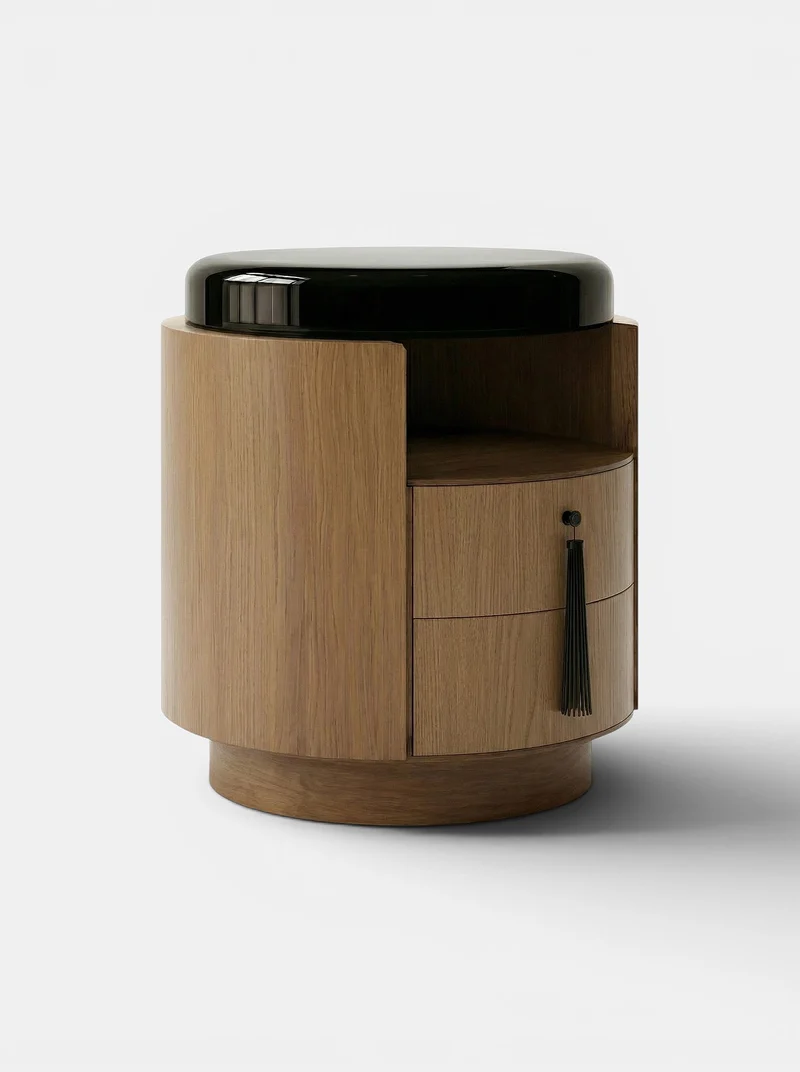 Pompon Oak And Black Nightstand
