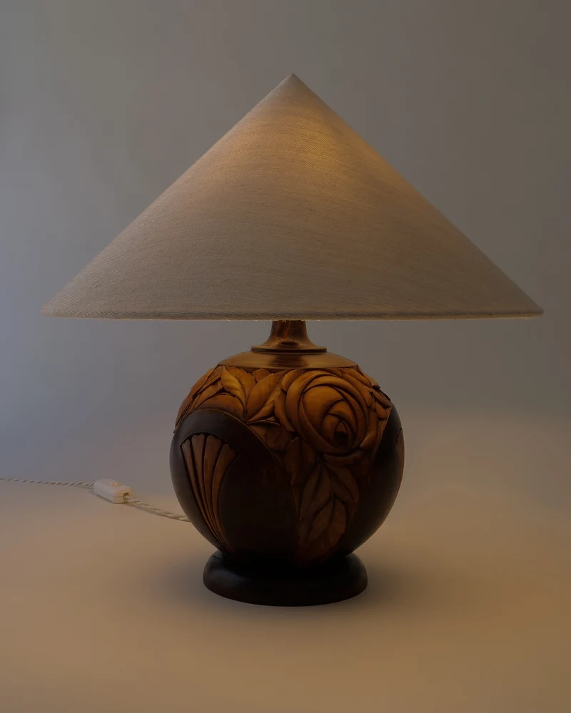 Vintage Art Deco Carved Wood Table Lamp c.1925