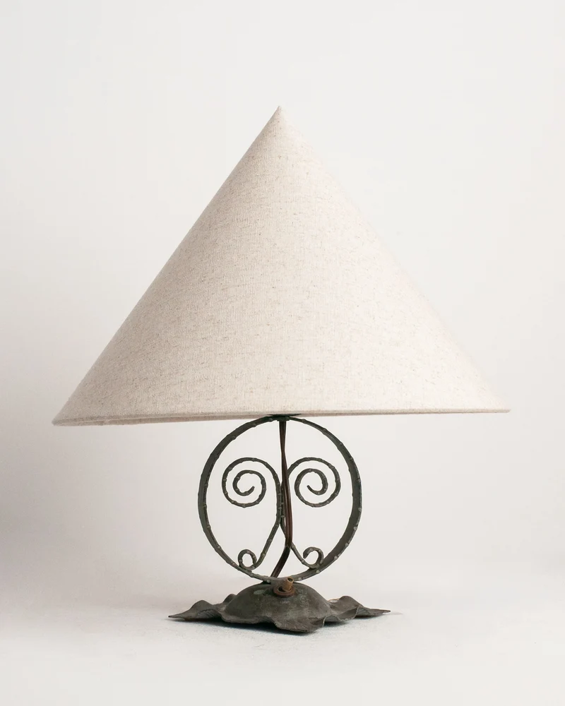 Vintage Wrought Iron Table Lamp with Linen Shade | Hand Forged Scrollwork Lamp | Rustic Eu