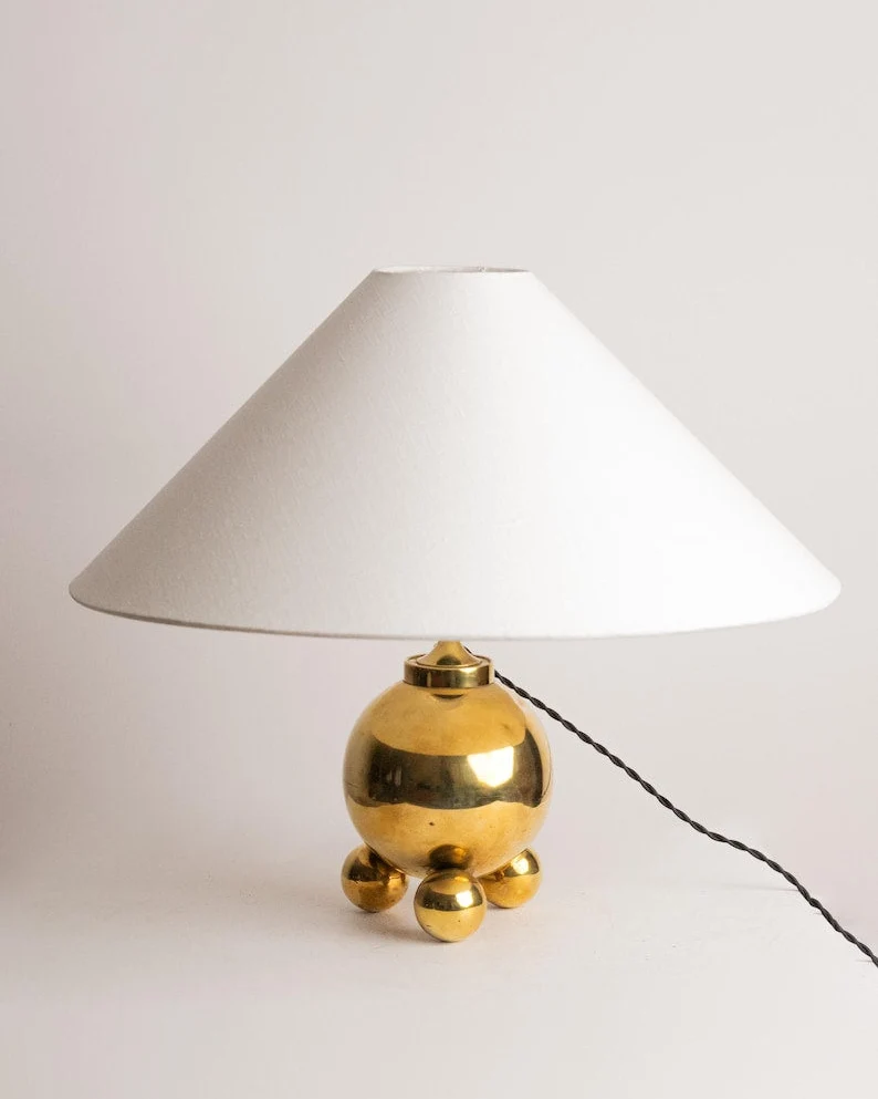 Vintage Brass Orb Table Lamp | Space Age Tripod Base, Mid Century Cone Shade