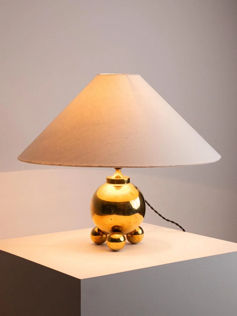 Vintage Brass Orb Table Lamp | Space Age Tripod Base, Mid Century Cone Shade