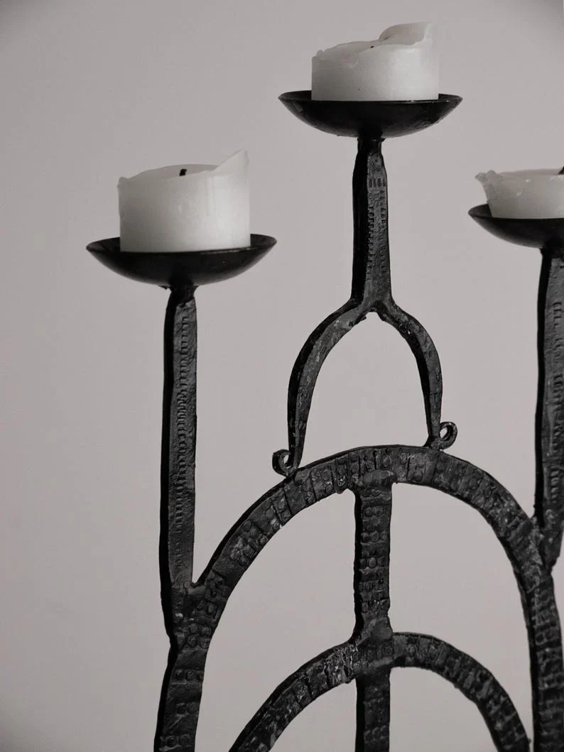 Vintage Brutalist Wrought Iron Candlestick Gothic Arch Grid Candle Holder