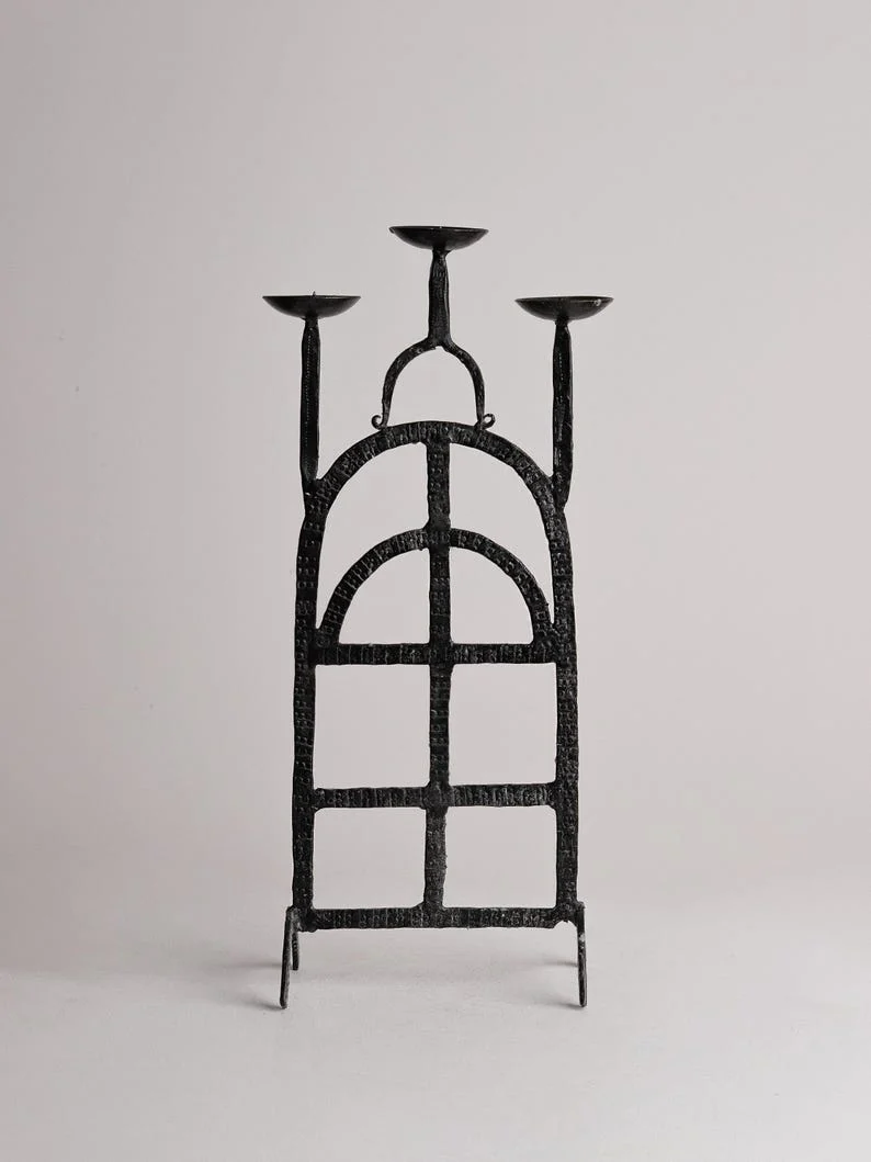 Vintage Brutalist Wrought Iron Candlestick Gothic Arch Grid Candle Holder