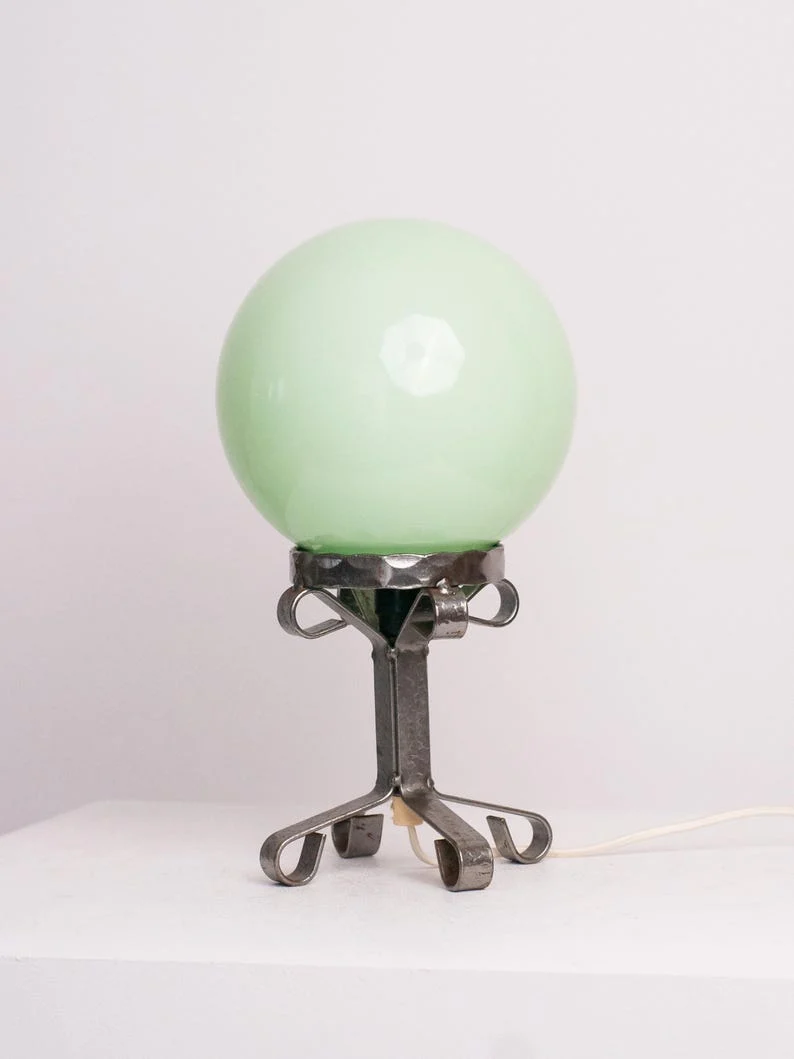 Mid-Century Vintage Mint Green Glass Globe Table Lamp – Brutalist Iron Pedestal Stand
