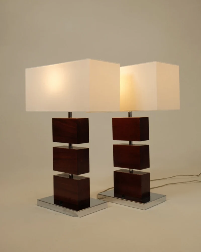 Vintage Pair of French Hotel Wood Table Lamps, 1960s
