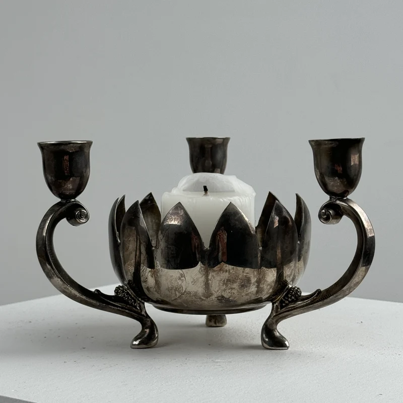 Three-Light Silver-Plated Table Candelabrum with Lotus Motif