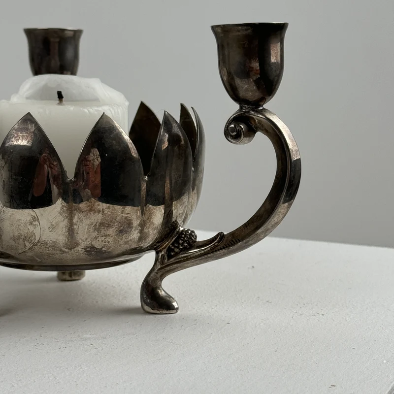 Three-Light Silver-Plated Table Candelabrum with Lotus Motif