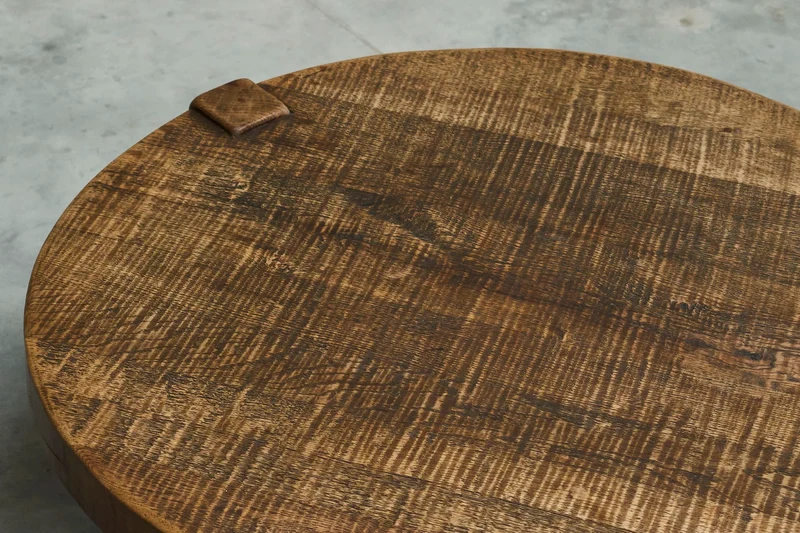 Large Round Wabi-Sabi Style Coffee Table in Solid Oak 1960s