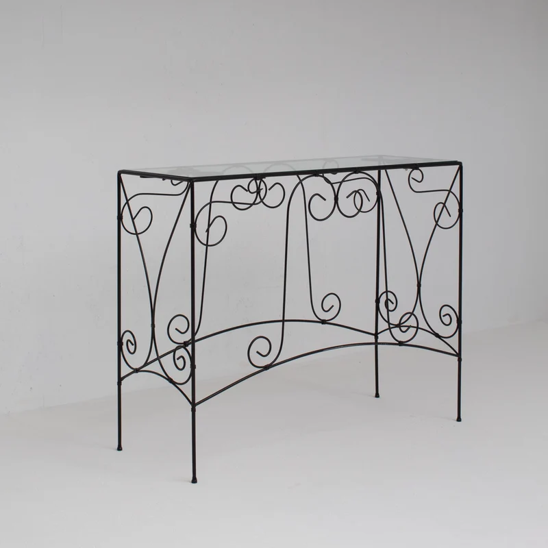 Vintage Wrought Iron Console Table With Glass Top