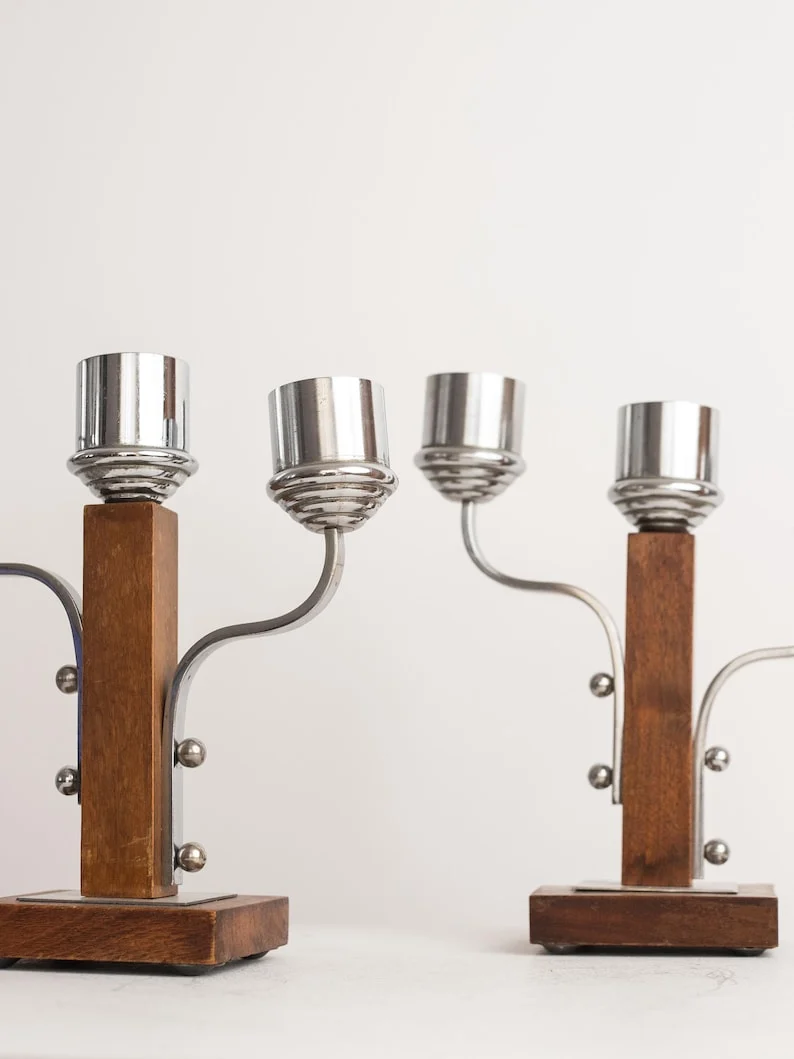 Art Deco Candleholders Pair, Metal and Wood