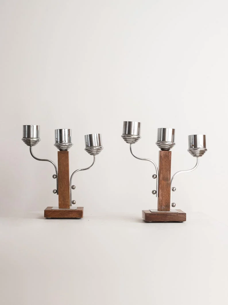 Art Deco Candleholders Pair, Metal and Wood