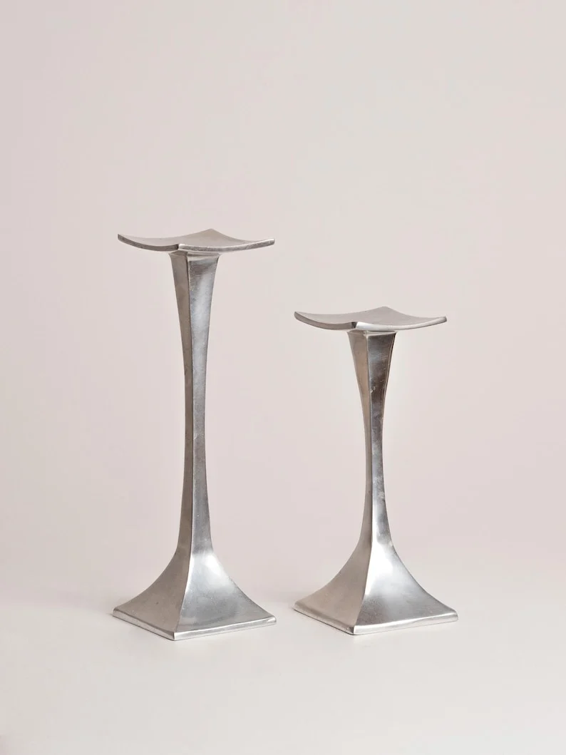 Vintage Pair of Aluminum Candle Holders, 1980s