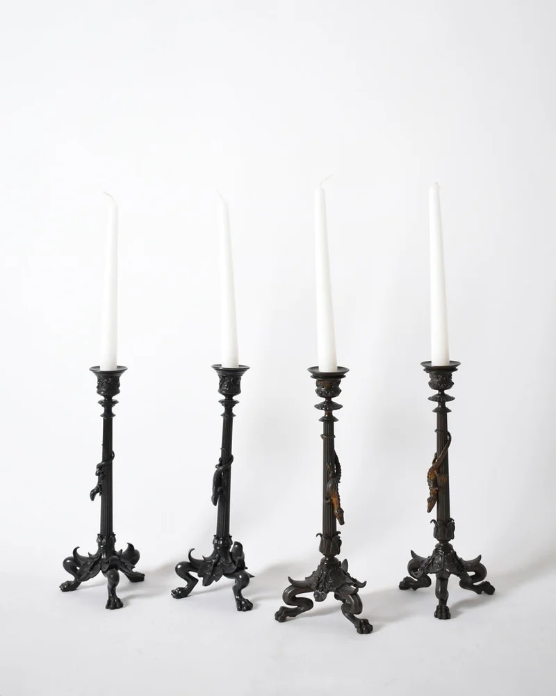 Set of Four Tripod Zoomorphic Bronze Candleholders, XIXth c.